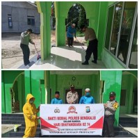 Polsek Pinggir Goro Bersihkan Dan Semprotkan Disinfektan Masjid Dan Gereja 