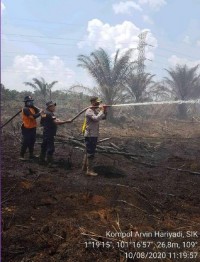 Personil Polsek Mandau Bersama Gabungan  Padamkan Dan Dinginkan Lahan Terbakar 